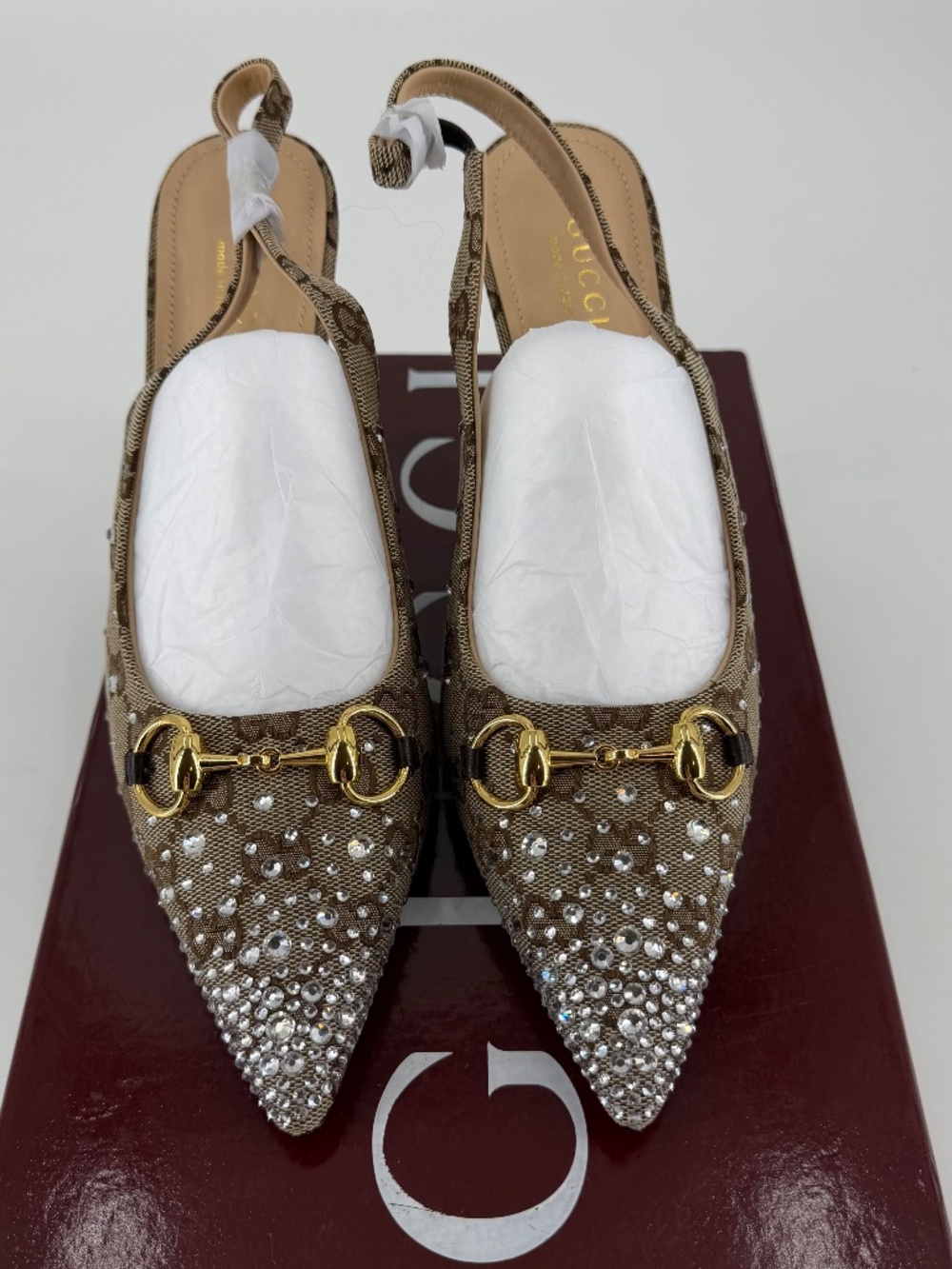 NIB Leather Logo Crystal Fashion High Heels Slingback Formal Wedding 41